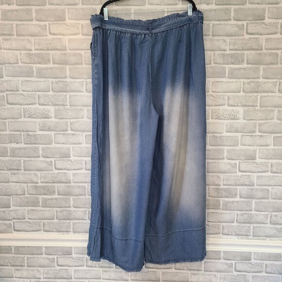 Zenana Palazzo Pants Chambray Wide Leg Paper Bag Waist Casual Frayed Hem NEW 3X - Picture 2 of 8